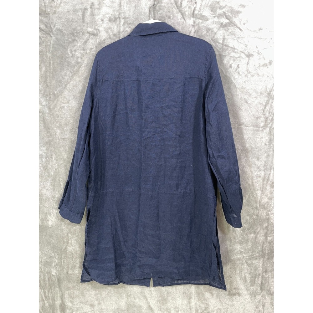 TAHARI 100% Linen Tunic Shirt Women's L Navy Long Sleeve Relaxed Coastal Collar - Picture 2 of 7